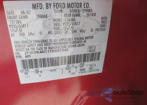2007 Ford Edge Se z USA, uszkodzony, nr VIN 2FMDK46C17BB57545